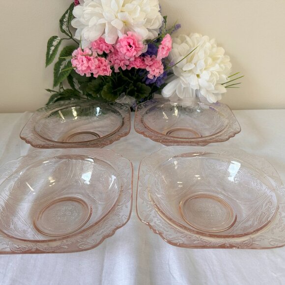 Vintage Federal Glass Madrid Pink Depression Glass Bowls 1930s Scalloped Square - Picture 2 of 4